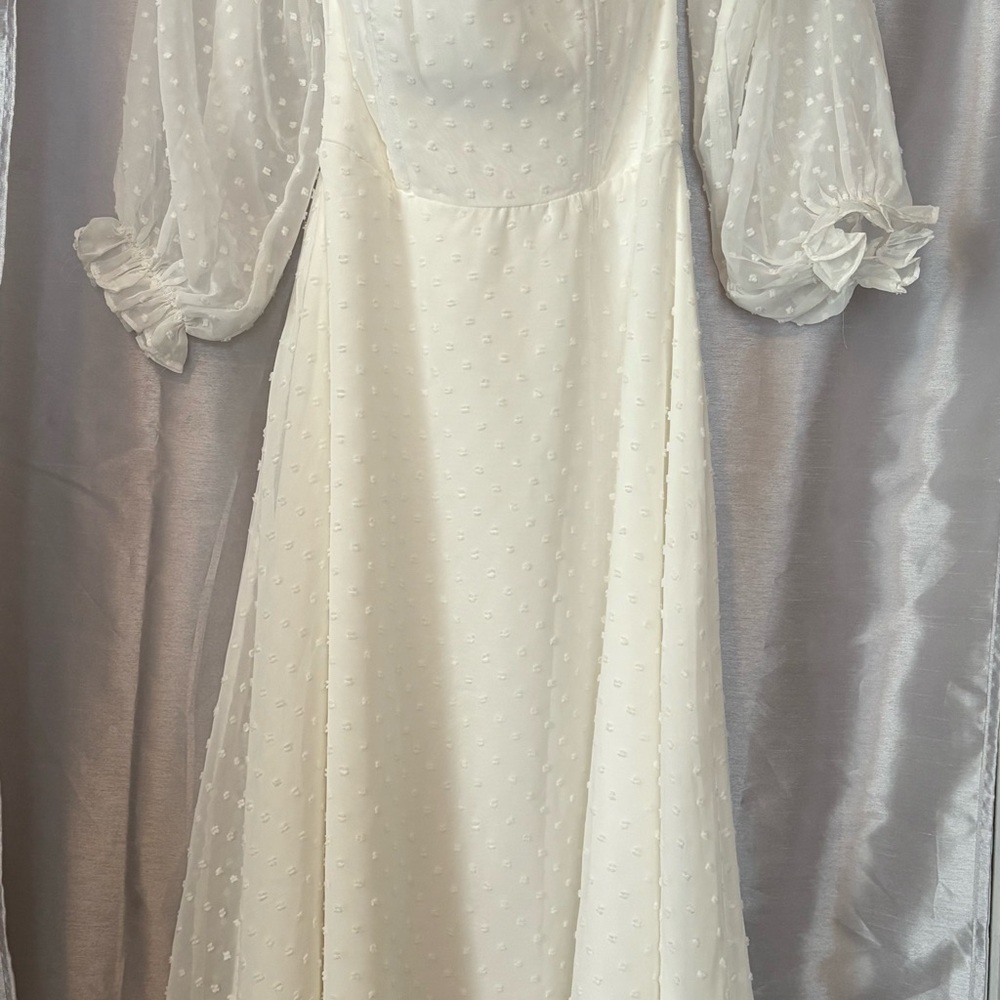Lulu's White Puff Sleeve Pindot Dress women’s size S